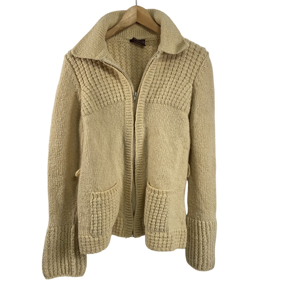 Vintage Gaeltarra Sweater Womens Large Cream Wool Full Zip Aran Ireland Cozy 90s